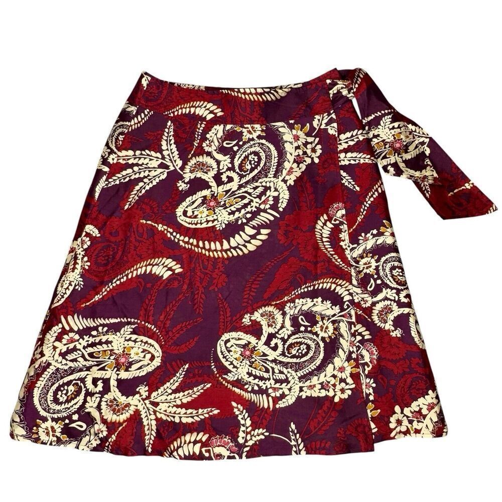 Talbots 6 100% Silk Burgundy Red Paisley Batik KneeLength A-line Wrap Tie Skirt